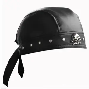 Black Motorcycle Do Rag Hat - Faux Leather Biker Skull Cap Head Wrap Faux Leather Biker Head Wrap - Black Skull Cap Motorcycle Do Rag Bandana