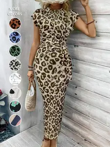 Women's Leopard Print Statement Knot Bodycon Fit Dress, Elegant Butterfly Sleeve Round Neck Long Dress for Formal Parties, Holidays and Wedding Guests, Ladies Summer Clothes, Elegant Dress for Women