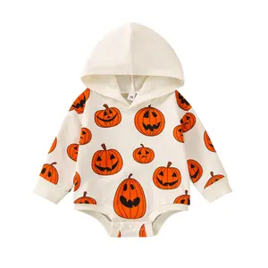 Afunbaby Baby Girls Boys Halloween Romper Infant Pumpkin Print Hooded Long Sleeve Jumpsuits Spring Autumn Casual Bodysuits