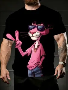 men's short sleeve T-shirt Pink Panther Wearing Sunglasses And Peace Sign spring and summer 3D printing athleisure Casual, Sports, Streetwear, Menswear comfortable, minimalist, breathable fabric, running, trendy men's football jersey
