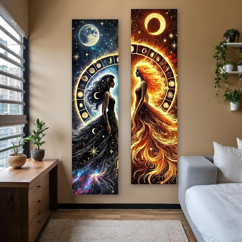 Moon & Goddess Pattern Vertical Banner Tapestry, 2 Counts/set Moon Sun Stars and Fire Mystical Tapestry, Durable Decorative Tapestry, Wall Hanging for Bedroom Living Room Home Decor Wall Tapestries