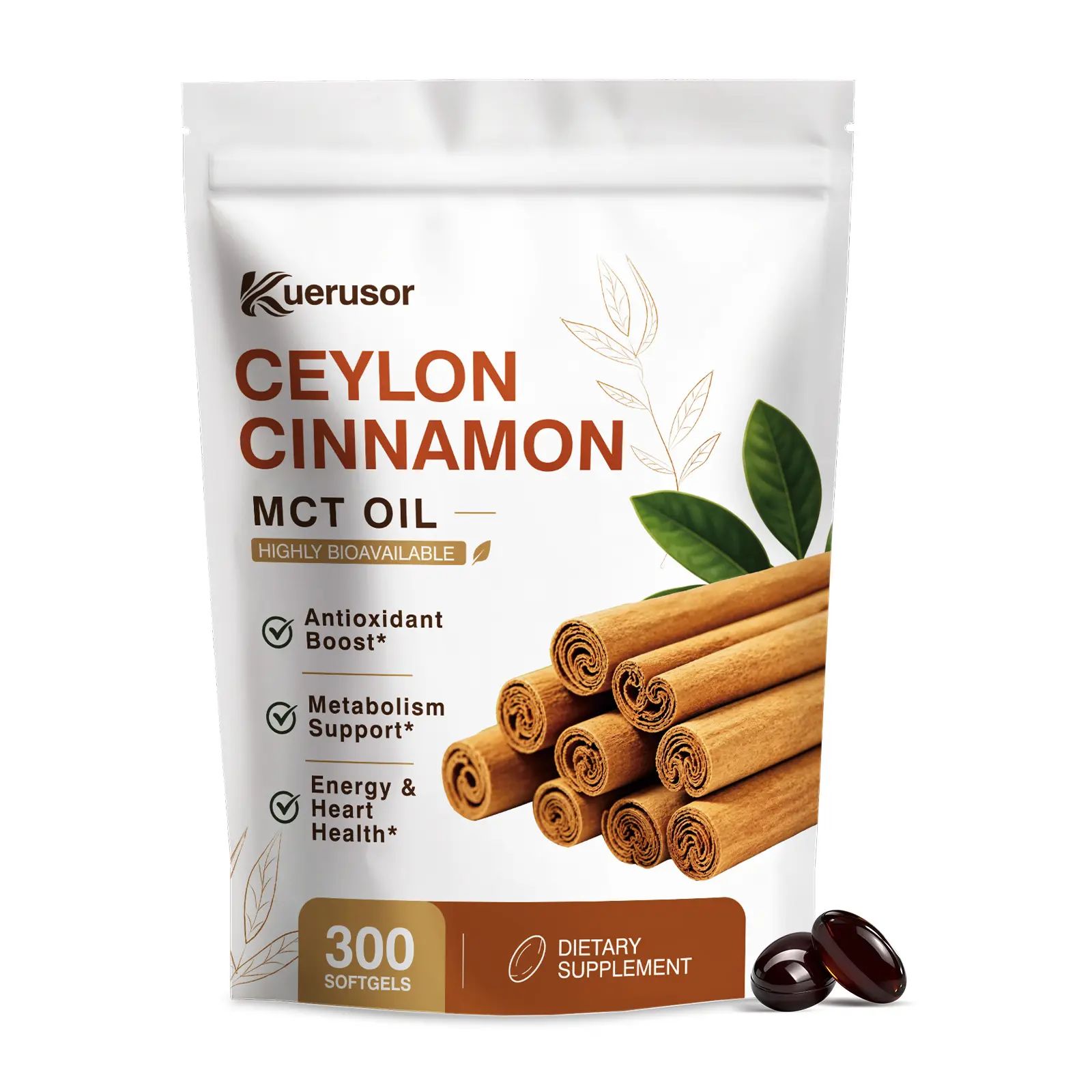 Ceylon Cinnamon Softgels with MCT Oil, Highly Bioavailable Extract | 2-in-1 Organic Ceylon Cinnamon Supplement, Energy & Metabolism Support, 300 Softgels, Keto Friendly, Non-GMO, Gluten Free