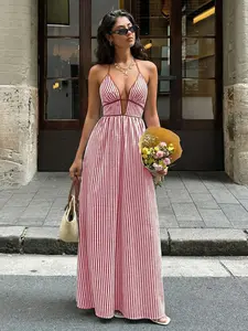 Women's French Vacation Stripe Halter Dress, Deep V Waist Cinch Color Block Long Floor-Length Beach Skirt