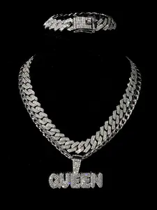 Hip-Hop Exquisite Letter Queen Pendants, Iced Blingbling Cuban Chain Necklaces & Bracelets, Stacking Jewelry Collection, Daily Wear, Cuban Figaro Set