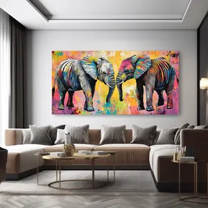 Vibrant colorful elephant abstract canvas wall art, vintage style design, suitable for living room, bedroom, office and home decoration, elephant decoration
