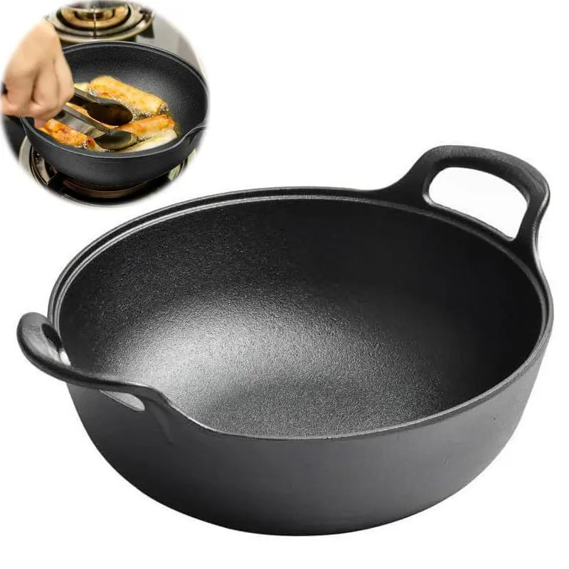 1 piece double ear stewed soup pot, uncoated non-stick mini wok, cast iron thickened wok with ring handle, suitable for household induction cooker gas/gas open flame, etc.