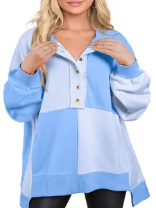 A women's loose long-sleeved hooded sweatshirt with patchwork color-blocking and buttoned lapels, casual, fashionable and versatile.