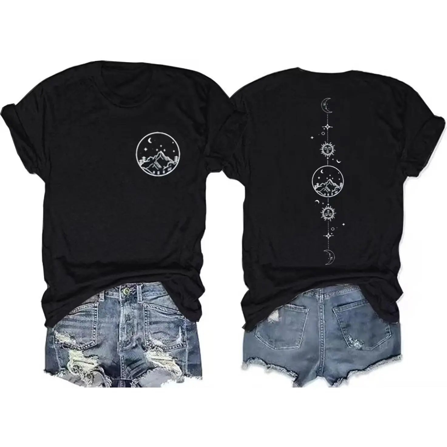 Women's Vintage Moon and Sun Graphic Short-Sleeve Round Neck Casual Unisex Tee, Mountain Hiking Vacation Sports Top, Shortsleeve, T Shirts