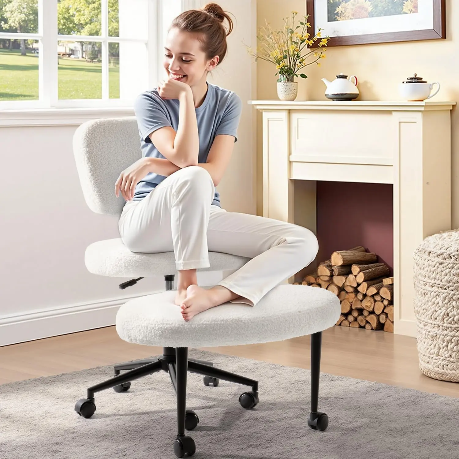 PUKAMI Ergonomic Cross Legged Chair with Wheels, ADHD Chair for Adults, Meditation Chair, Yoga Chair, Kneeling Chairs with Comfortable Back Support, Height Adjustable, Teddy Fabric