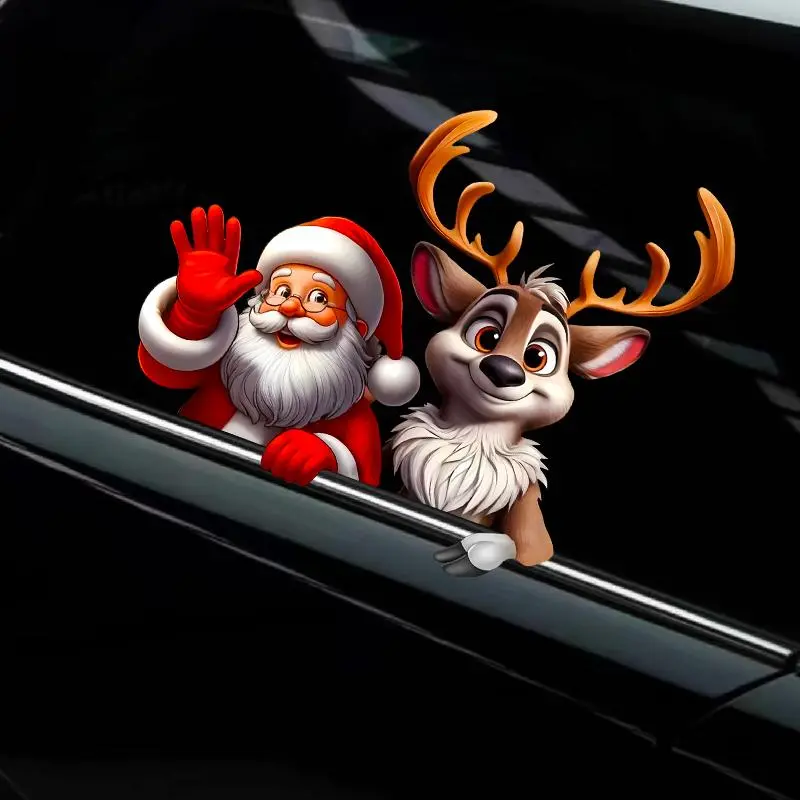 Classic Waterproof Reflective Vinyl Christmas Car Stickers - Santa Claus & Reindeer Designs, Easy-To-Use Festive Auto Exterior Accessories for Car Window Decor, Truck Car Decal, Decorative