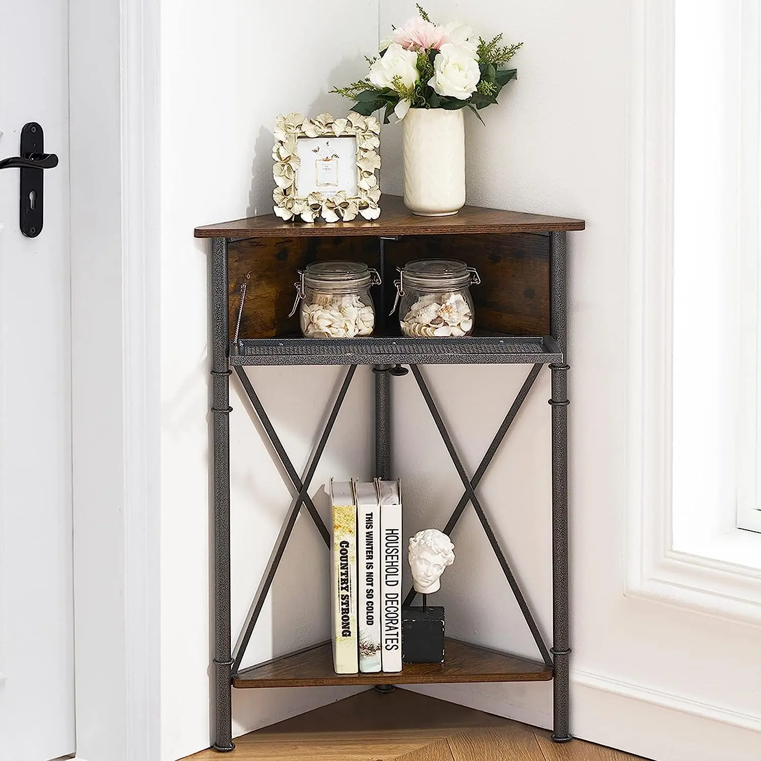 VECELO 3 Tier Corner Table Storage Cabinet for Small Spaces, Multipurpose With Shelf Organizer with Flip Door Drawer in Living Room Bedroom Kitchen