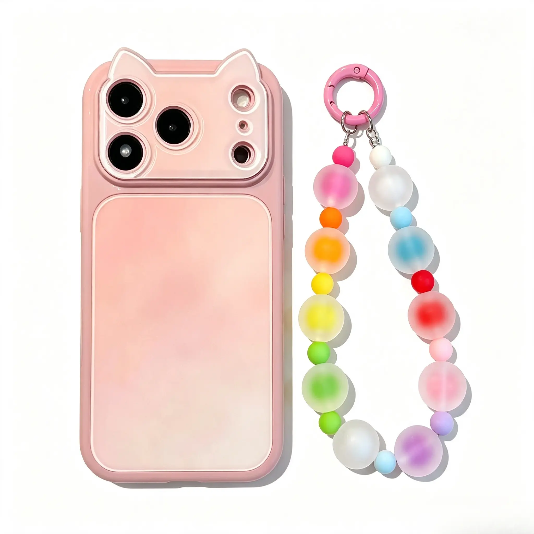 INS-Style Gradient 3D Cat-Ear Phone Case (with Lanyard) — Large Display Window — Compatible with iPhone 17/16/15/14/13 Pro Max — Full-Coverage Shock-Resistant Case