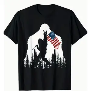 Funny Bigfoot American Flag Graphic Tee, 100% Cotton Oversized Comfort Outfit, Cryptid Mountain Forest Cute Fashion Shirt, Perfect Valentine's Day Gift For Him Her Family Friends