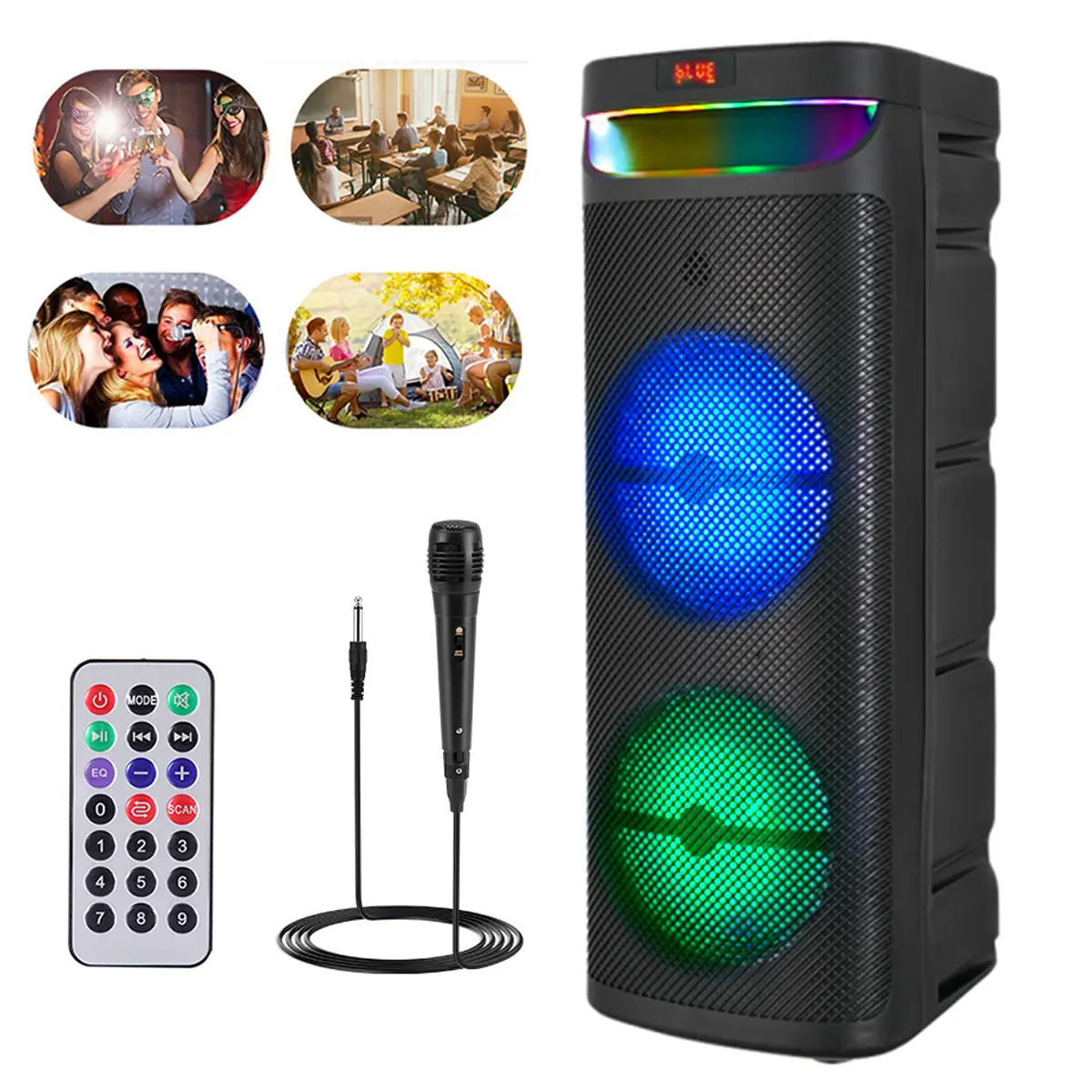Dual 10 inch Protable Bluetooth Speaker System Heavy Bass Stereo Subwoofer Rechargeable Party Speaker FM Radio/ USB / TF / Remote Control / Microphone / LED Lighting
