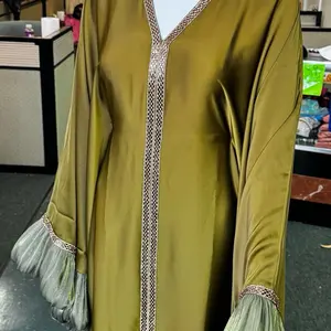 Dubai Crystal Abaya -olive green Color with Detailed Trim and Fringe Design