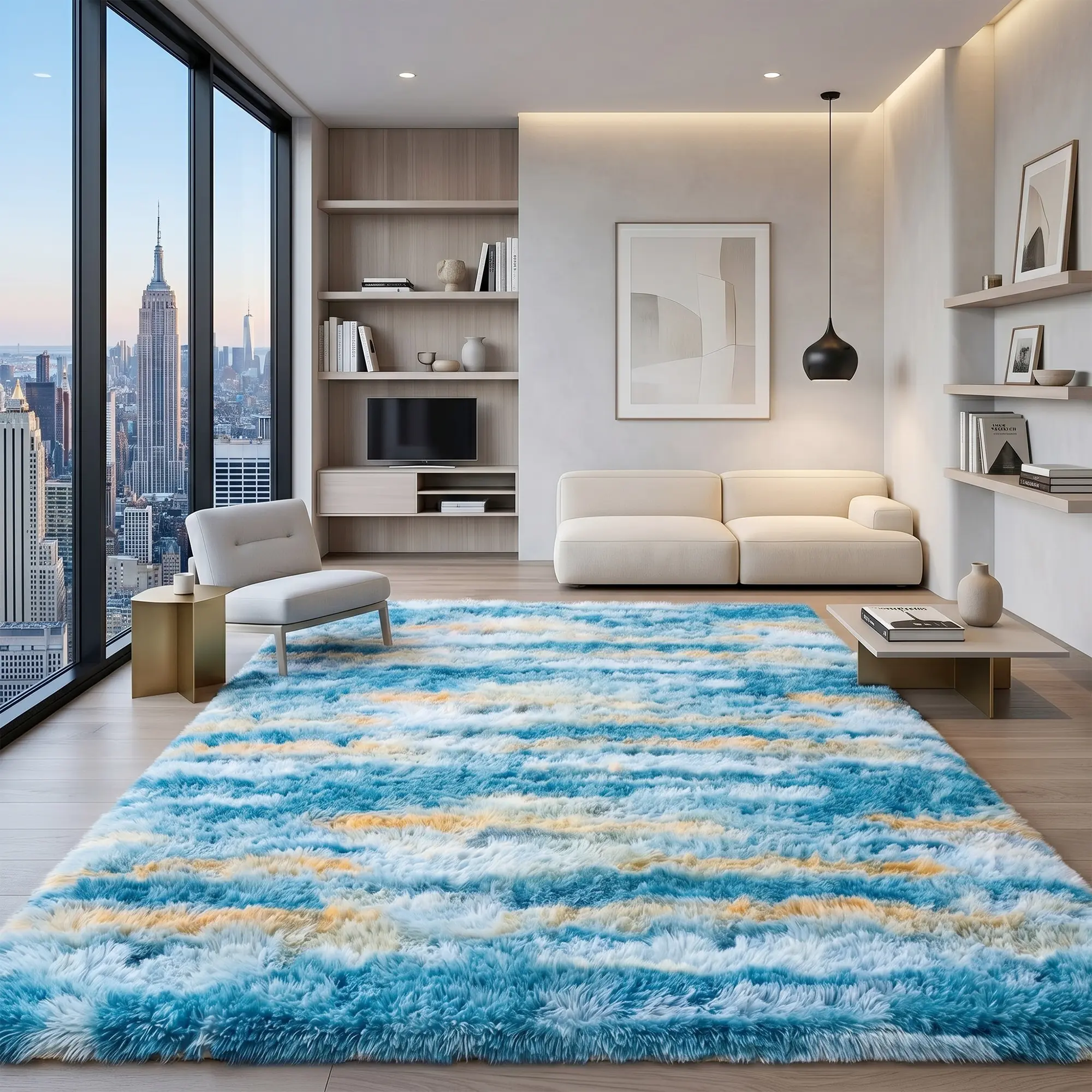BLIOWL Soft Shag Area Rug Abstract Blue Yellow – Plush Fluffy Rug Non Slip Large Size Carpet for Bedroom Living Room Nursery, Luxury Modern Floor Rug for Kids Boys Girls Room Dorm Apartment Home Decor
