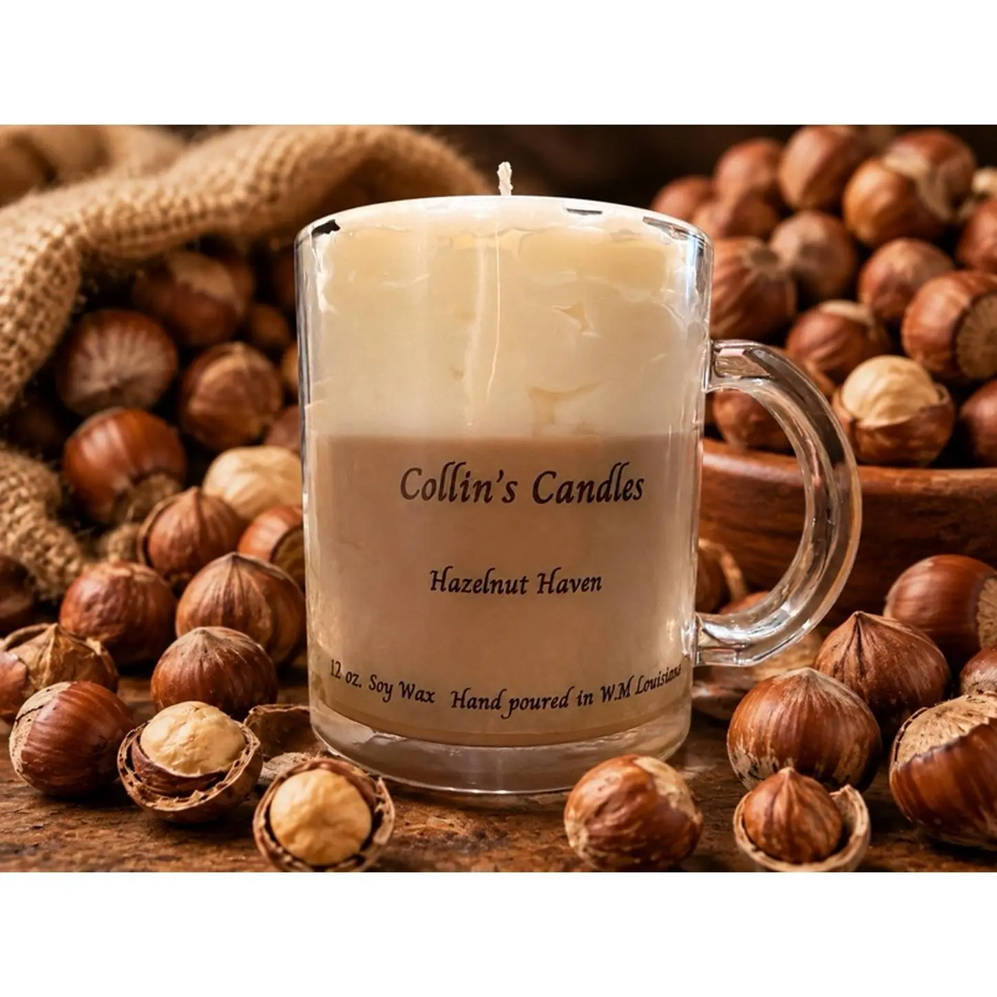Collin's Candles Hazelnut Haven 12 oz Soy Wax Candle with Hazelnut Scent Hand Poured in W.M. Louisiana