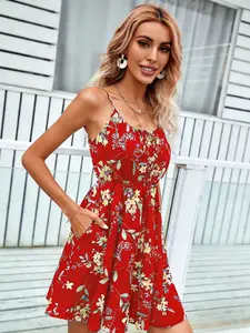 A women's elegant fashion printed sleeveless pullover dress with elastic waist and spaghetti straps, suitable for summer, vacation, daily street wear, and home use.