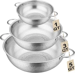 3-Piece Stainless Steel Colander Set with Handles - 5Qt/3Qt/1Qt Nesting Strainers for Pasta, Veggies, Fruit Drainage, Durable Micro-Hole Mesh for Fast Water Flow JIDSPWLS
