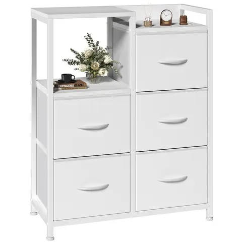Sweetcrispy Modern Storage Cabinet Chest - 5-Drawer Fabric Unit with 2-Tier Shelf, Metal-Wood Build, Multiple Storage Drawers, Durable Floor-Safe Pads, Bedroom Room Decor Indoor Furniture