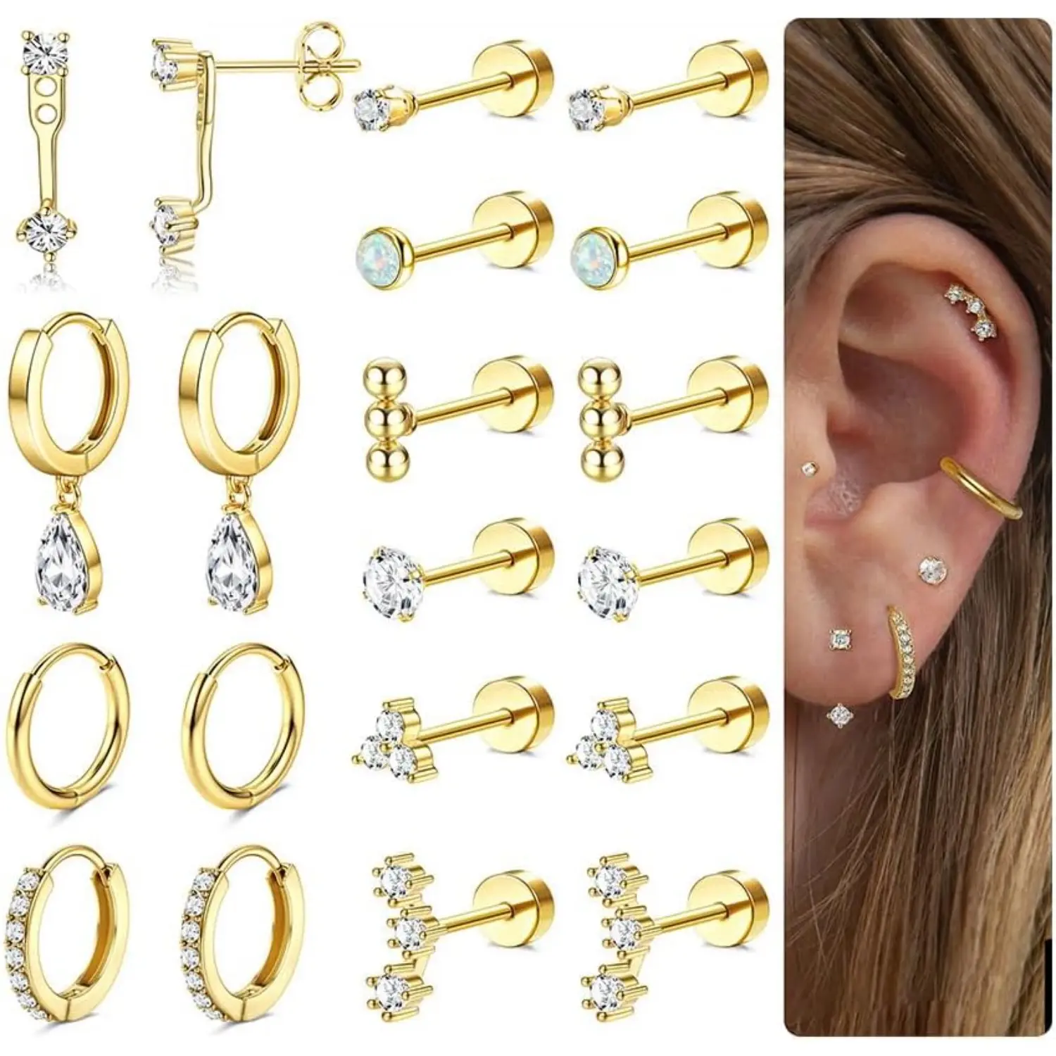 MILACOLATO Hypoallergenic Flat Back Earrings 14K Plated Gold Cartilage Earring Sets for Multiple Piercing 20G Surgical Stainless Steel Earrings for Women Trendy Earring Stacks Small Hoop Flatback Stud Earrings