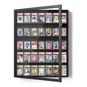 Emfogo Large Trading Card Display Case, Wall Mount Graded Card Frame Holds 35 Cards, UV Protection Acrylic Lockable Sports Card Display for Baseball Basketball Football Comic Cards, Black