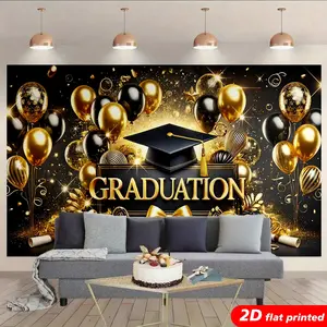 Black Gold Polyester Tapestry Wall Hanging - 2D Flat Printed, Cap, Balloon, Diploma Design, Party Backdrop, Aesthetic Home Decor, Graduation Gift