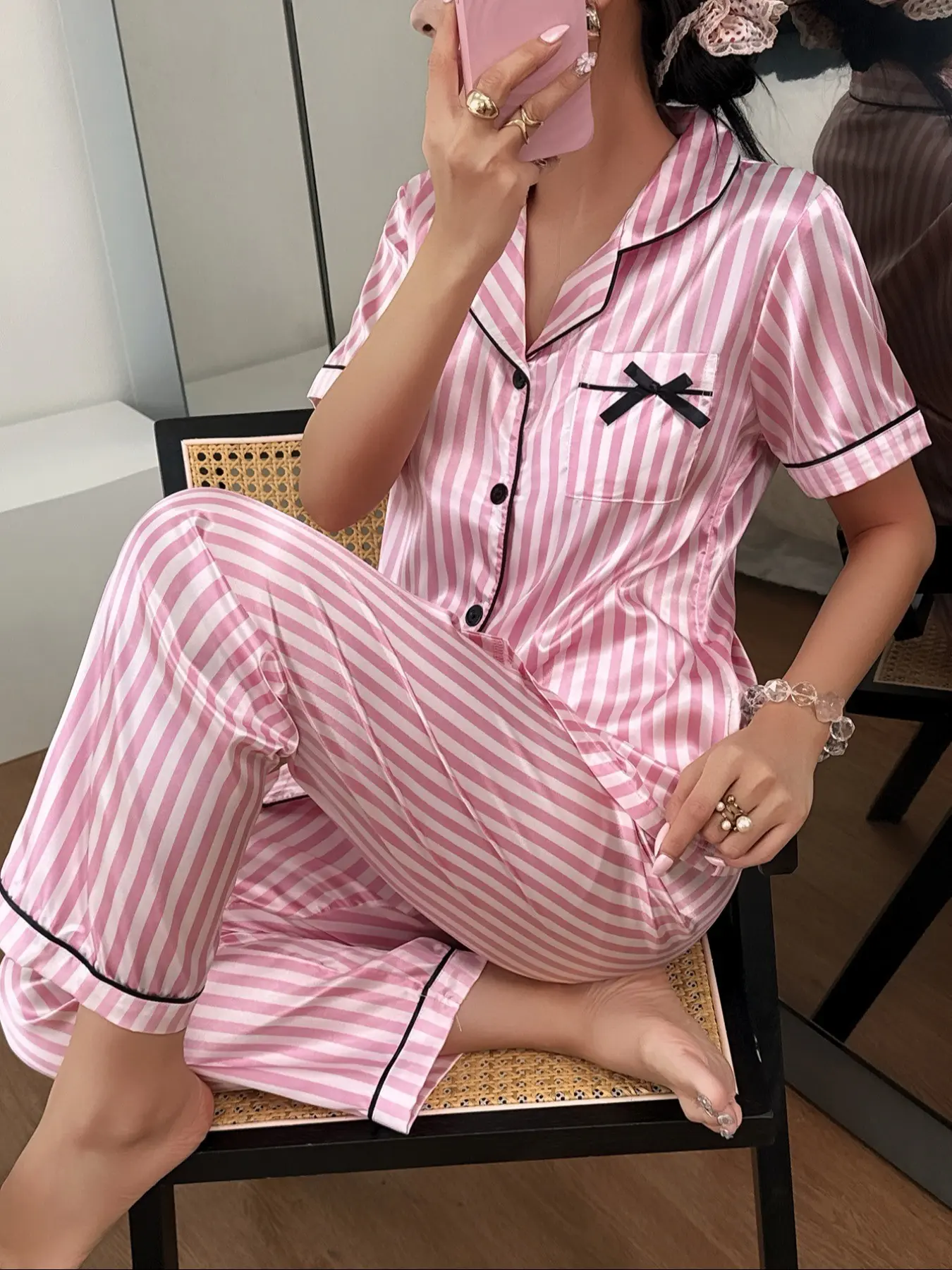 Elegant Casual Women's Striped Printed Short Pajama Set, Short Sleeve Button Neck Top and Long Pants, Soft Sleepwear Home Wear, Loungewear, Pjs, Casual Loungewear Sets
