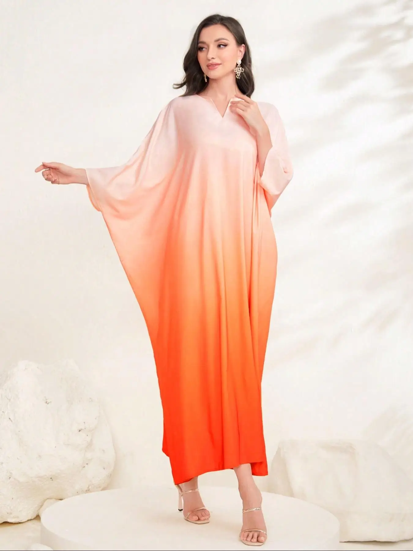 Arabic Clothing-Ombre Batwing Sleeve Notched Kaftan, Elegant Long Sleeve Long Dress for Spring & Fall, Women's Islamic Clothing for Daily Wear