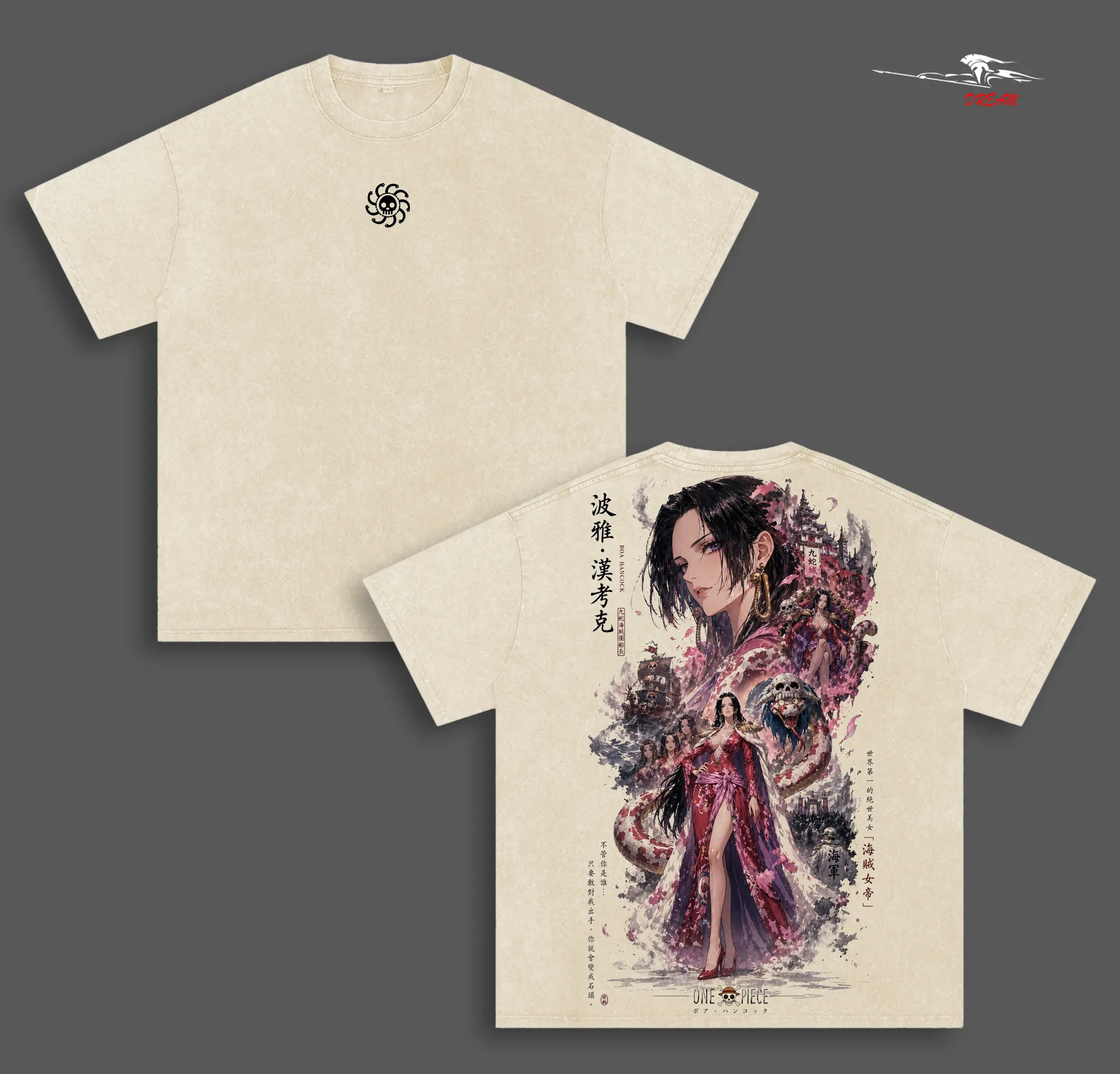 Boa Hancock Anime Double Printed Vintage Washed Tee Unisex Oversize Anime Manga Washed Heavyweight Cotton T-shirt