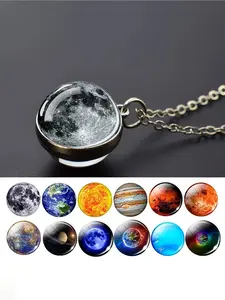 Solar System Necklace Nine Star Pattern Pendant Glass Ball Pendant Fashion Jewelry Accessories Celestial Gift Moon Water Necklace