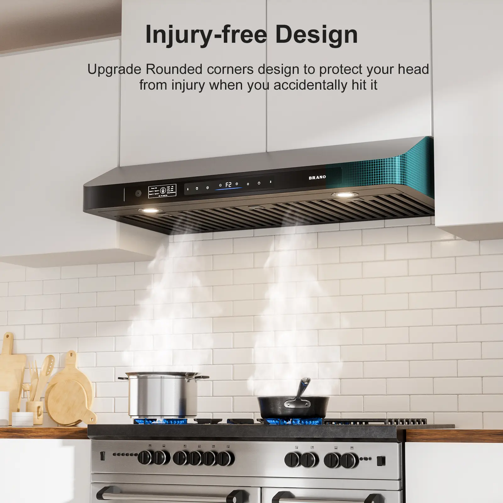 BRANO 36 Inch Under Cabinet Range Hood，Voice/Gesture/Touch Control, 900 CFM with 4-Speed Exhaust Fan, Stainless Steel Stove Hood with LED Lights, Baffle Filters, Appliance, Kitchen Hood, Dual Quiet Motors, Us Plug, Smoke Removal