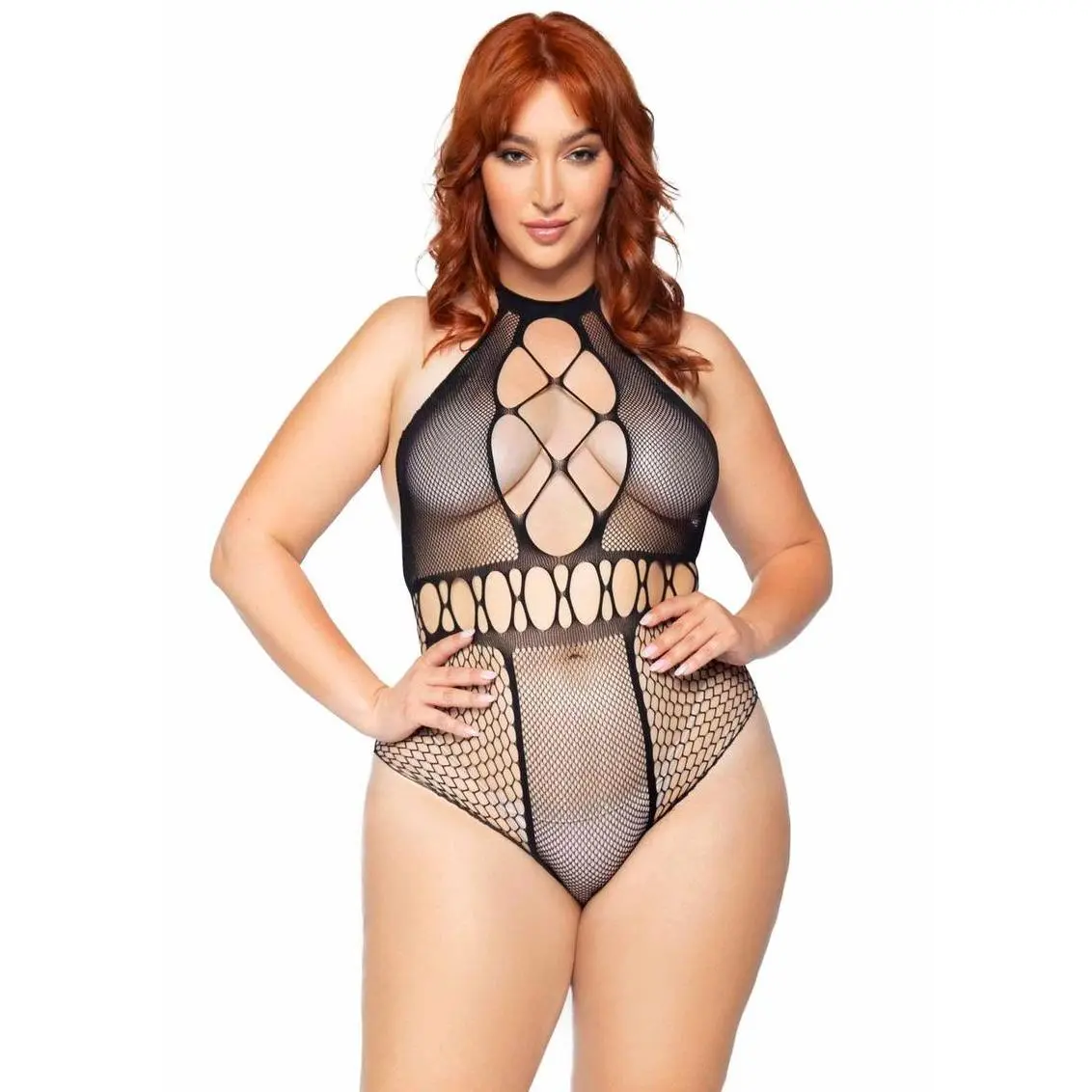 Leg Avenue Seamless Multi Net Bodysuit with T-Strap Halter and Cheeky Cut Bottom