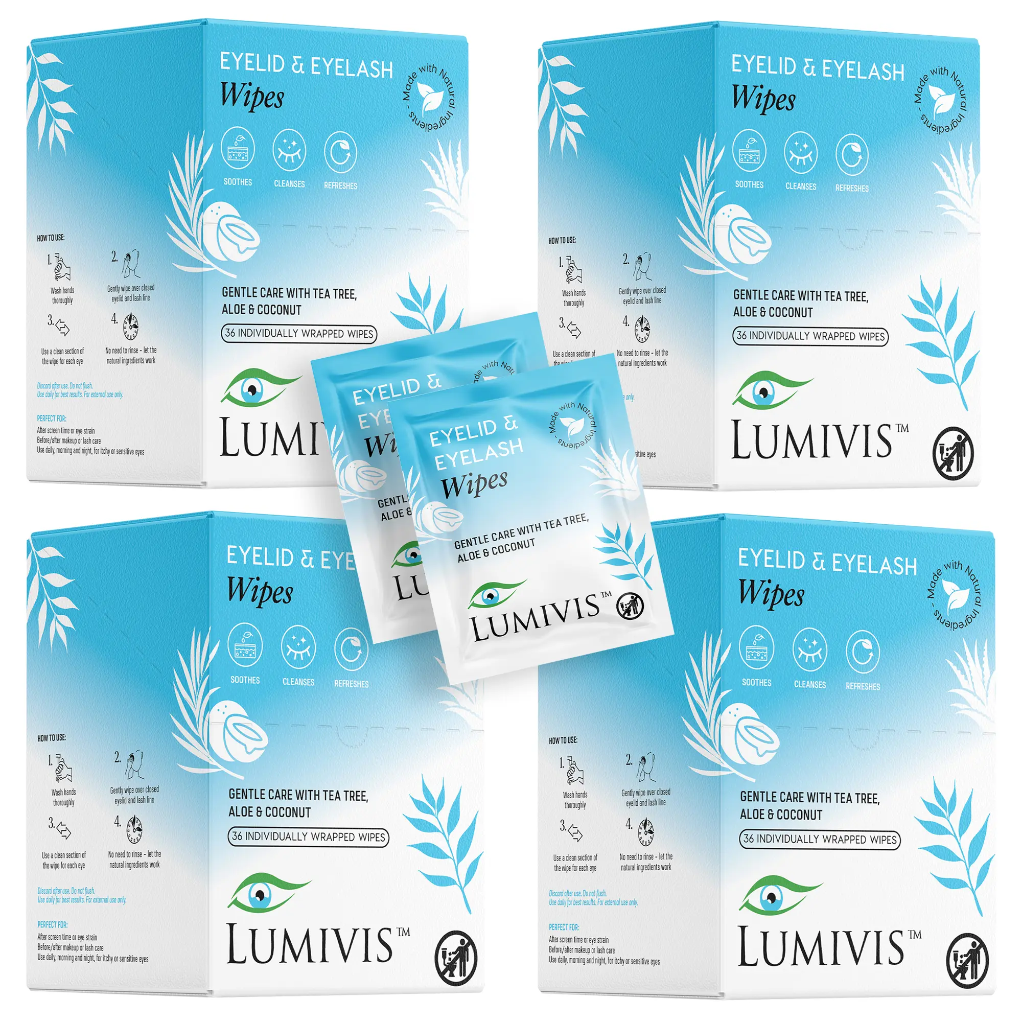 LUMIVIS Tea Tree & Coconut Oil Eyelid Wipes, Gentle Daily Eye Cleanser and Makeup Remover for Sensitive Skin, 144-Count, Cleansing, Moisturizing, Cosmetic, Soothing, Cruelty Free Eye Makeup Remover, Clean Beauty Eye Makeup Remover