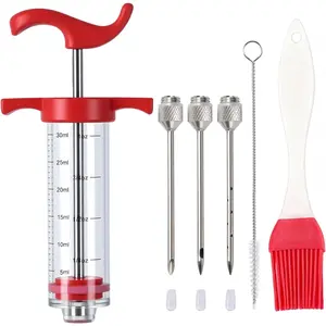 Turkey Injector  Set for Seasoning, Plastic Meat Injectors for  BBQ Grill, Marinade Injector Kit with 3 Stainless Steel  , Red 1 oz
