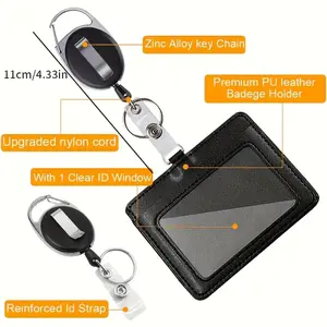 Horizontal ID Card Holder Work Card Case - Retractable Badge Holder with Adjustable Clip or Lanyard - Multi-purpose, Suitable for Office, School and Events - Retractable Badge Reel