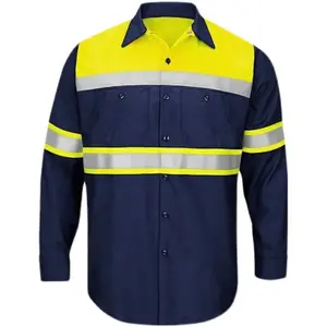 Two Tone Long Sleeve Safety Work Shirt Reflective Workwear 100% Cotton Yellow Navy with Hi Vis Tapes for Men Autumn Striped Uniforms