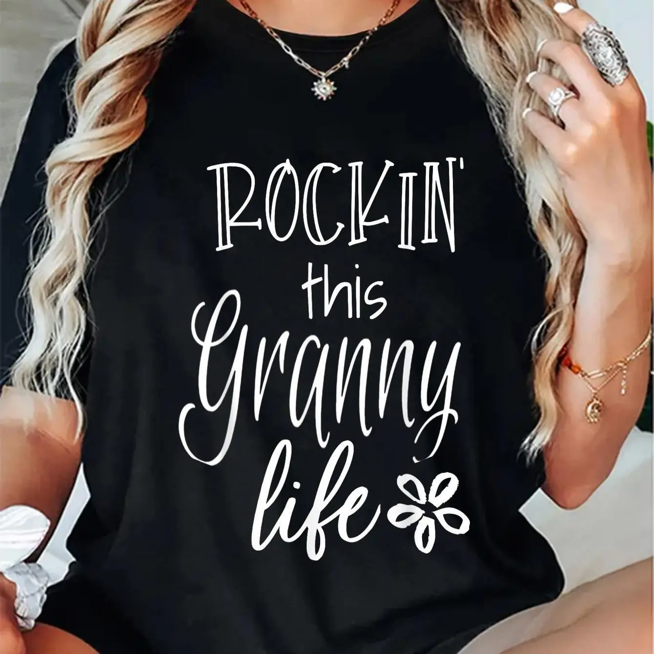 Granny Life Funny Graphic T-Shirt for Women, 100% Cotton Short Sleeve Round Neck Top, Whimsical Gift for Grandma, Shortsleeve, Tshirt, Casual, Everyday, Distressed Look