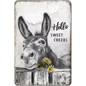 1 pc 8x12 inch donkey and sunflower metal  wall art poster with 'Hello Sweet Cheeks' for bathroom or living room farmhouse style  ideal gift for donkey lovers funny  sign wall  friend accent humorous decor family home tin warning