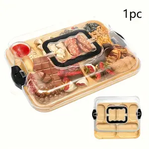 1pc Bamboo Cheese Platter with Transparent Acrylic Lid, Portable Food Tray for Camping, Parties, Restaurants, Snap-On Cover Safe