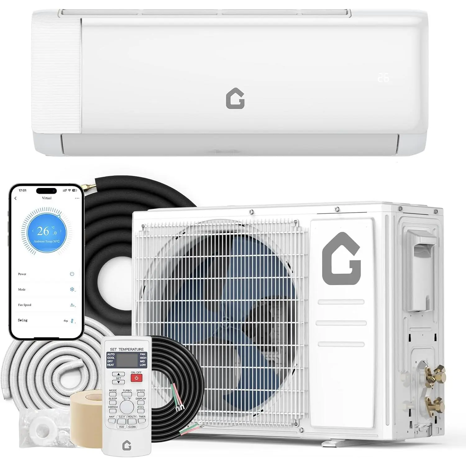 9000 BTU Ductless Mini Split Air Conditioner - 18.5 SEER2, 208-230V, Heat & Cool, Covers Up to 450 Sq.Ft, AHRI Certified, Timer, Dehumidifier, 2.0 WiFi Control, Remote, Low Noise, Complete Installation Kit for Living Rooms, Bedrooms, Copper