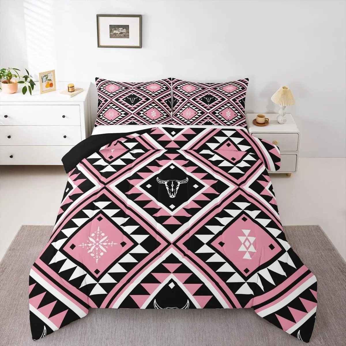 Rustic Southwestern Comforter Set,Pink Boho Aztec Bedding Set,Teen Girls Bull Skull Western Comforter Tribal Bohemian Quilt Diamond Duvet Set,Farmhnouse Room Decor