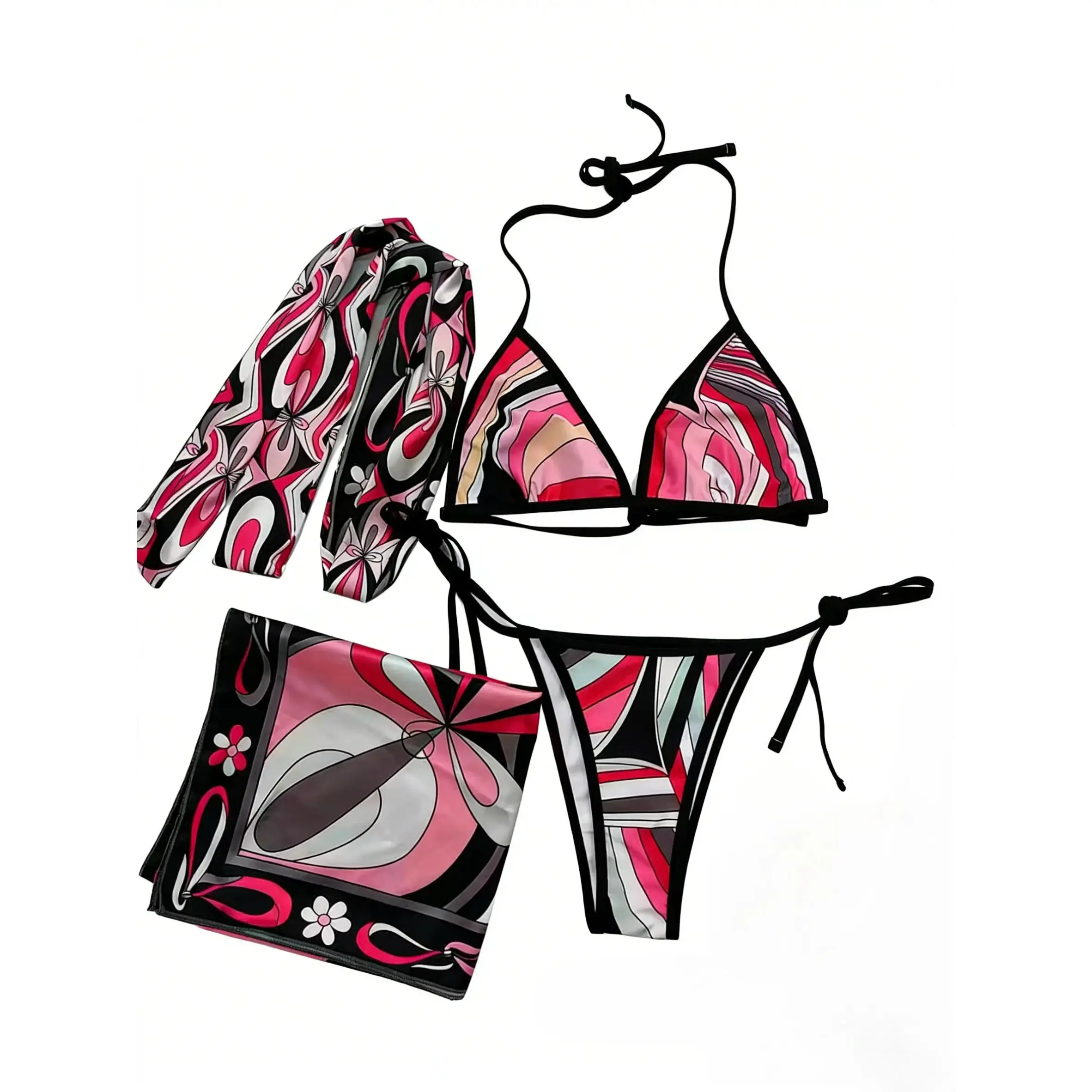 Luxury Women's Floral Silk Bikini Set - Bohemian Beach Swimwear with Scarf & Headband Soft Smooth Adjustable Swimsuits for Women Summer Beach, swimming pool