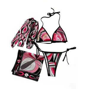 XS-XL Luxury Women's Floral Silk Bikini Set - Bohemian Beach Swimwear with Scarf & Headband Soft Smooth Adjustable Swimsuits for Women Summer Beach, swimming pool