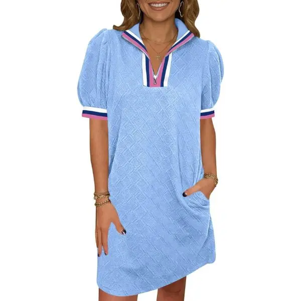 Fisoew Womens Summer Puff Short Sleeve Mini Dress Quarter Zip V Neck Casual Textured Loose Fit Active Sweatshirt Dresses Womenswear Sky