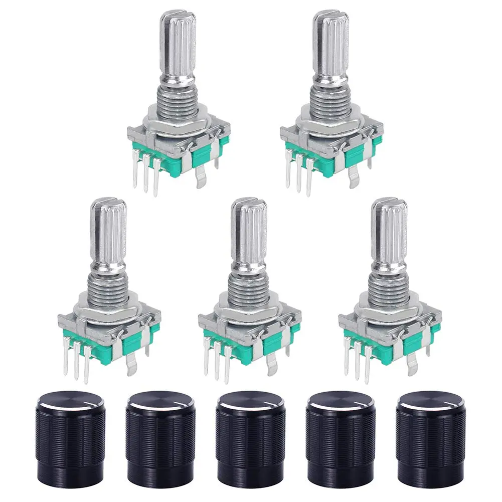 5-Set EC11 Type 360-Degree Rotary Encoder Push Button Digital Potentiometer with Built-In Switch, 20-Digit Rot, 5-Pin, 6mm Shaft Diameter, 20mm Handle Length, Knob Cap, Pic Compatible for Arduino Electronics Projects, Volume Control