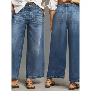 A pair of vintage-style high-waisted wide-leg denim pants for women with stretchy pockets, perfect for a fashionable look. Spandex Jean Trousers