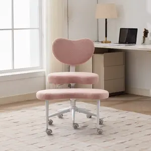 Cross Legged Office Chair with Wheels–360°Swivel Meditation Chair, Adjustable Height Yoga Office Chair for Adults, Ergonomic Kneeling Chair with Back Support for ADHD, Teddy Fabric, Pink