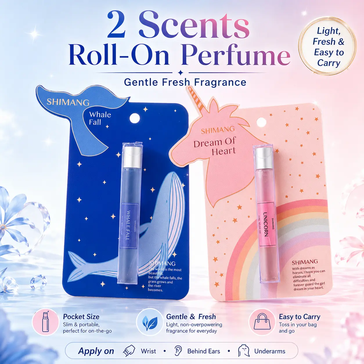 Cute Portable Roll-On Perfume for Women, 2 Fresh Gentle Long-lasting Scents Optional, Mini Pocket Travel Size Fragrance Oil, Light non-pungent aroma, exquisite whale and unicorn design, easy to carry for daily commute, dating and travel