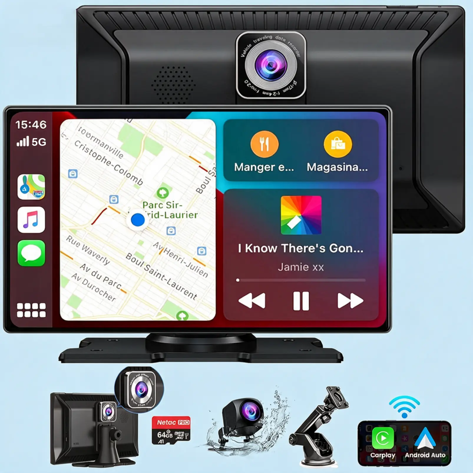 Portable 9 Inch Carplay Screen, Wireless CarPlay Compatible, front and back Camera, GPS Navigation, AUX/FM, 64GB SD Card, Touchscreen Car Radio, Cars, Trucks